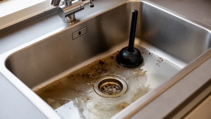 Verstopte gootsteen met stilstaand water en een ontstopper