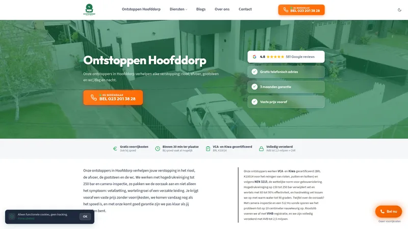 Website van Ontstoppen Hoofddorp Riool, Afvoer, Wc & Gootsteen